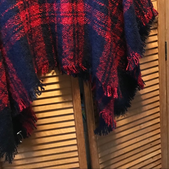 Navy Blue and Red Plaid Turtleneck Poncho - Picture 12 of 12